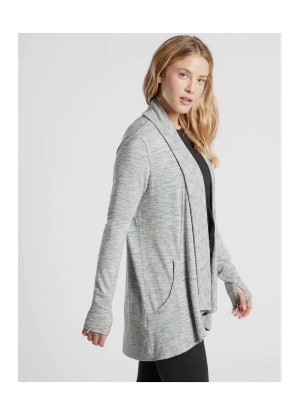 Athleta Pranayama Gray Open-Front Draped Cardigan Size L With Thumb Holes